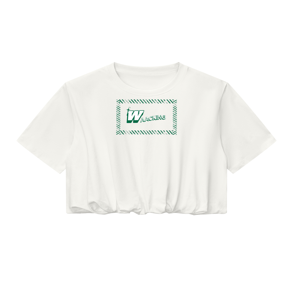 White women's crop bubble hem T-shirt with green 'DANCE' graphic on front, casual summer style, SKU: 260708PODAA1167#005