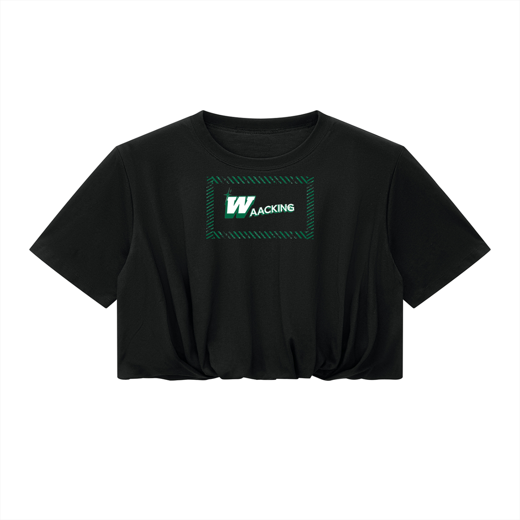 Black women's crop bubble hem T-shirt made of cotton with green and white 'WAACKING' graphic on front, casual summer style, SKU: 260708PODAA1167#005