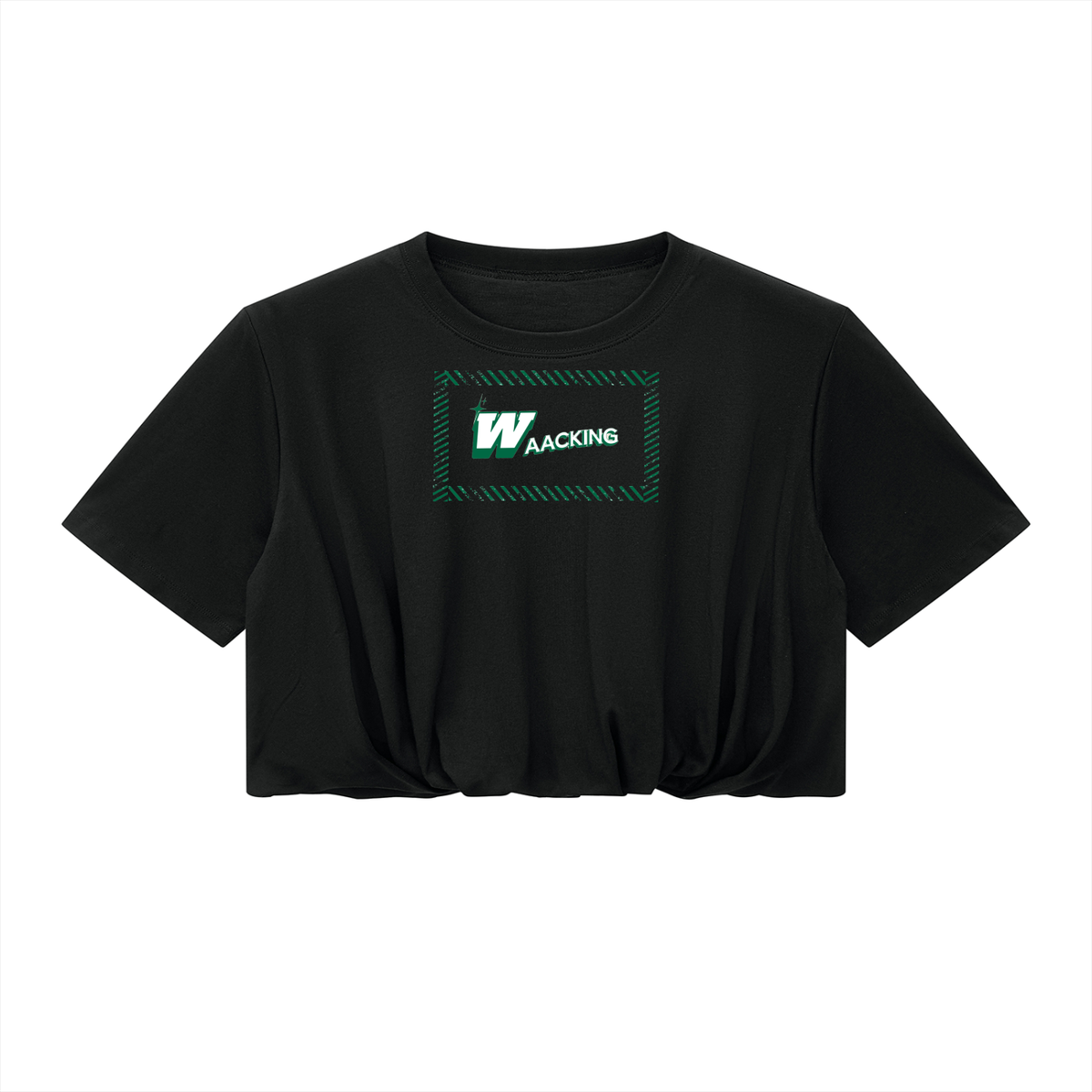 Black women's crop bubble hem T-shirt made of cotton with green and white 'WAACKING' graphic on front, casual summer style, SKU: 260708PODAA1167#005