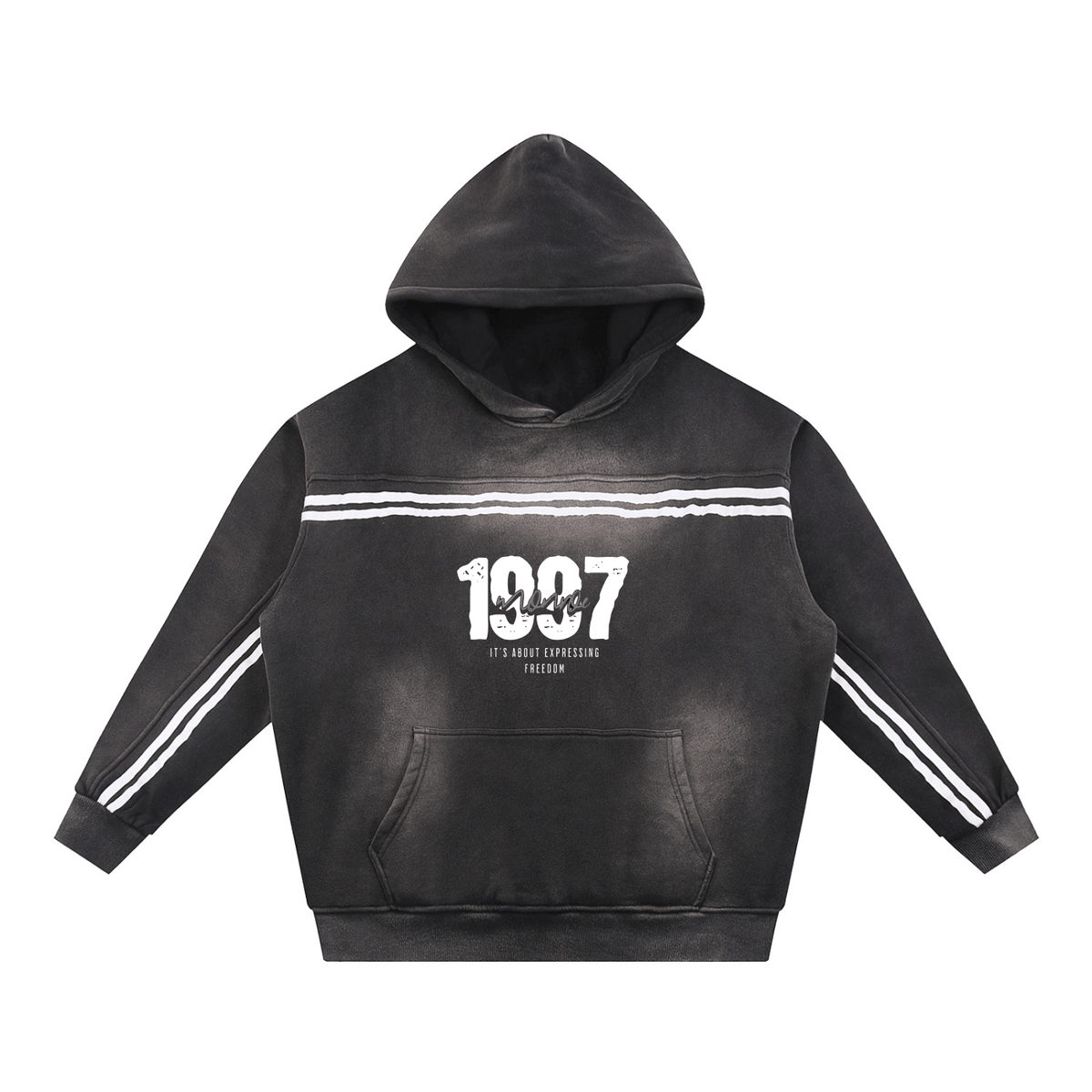 Sudadera con capucha negra con diseño de graffiti, detalles de rayas blancas en las mangas, estilo casual y moderno para ropa deportiva y callejera.
