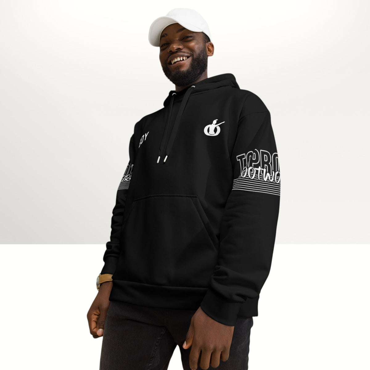 MONROE STORE black unisex bboy hoodie with white graphic print on chest and sleeves, featuring a double-lined hood and drawstrings.