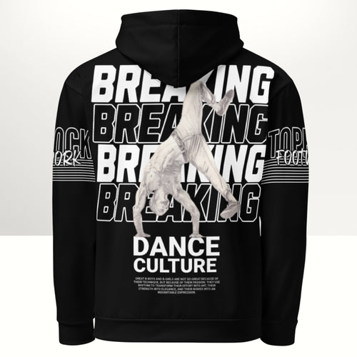 MONROE STORE black unisex bboy hoodie with a vibrant 'Breaking Dance Culture' print and brushed fleece inside.
