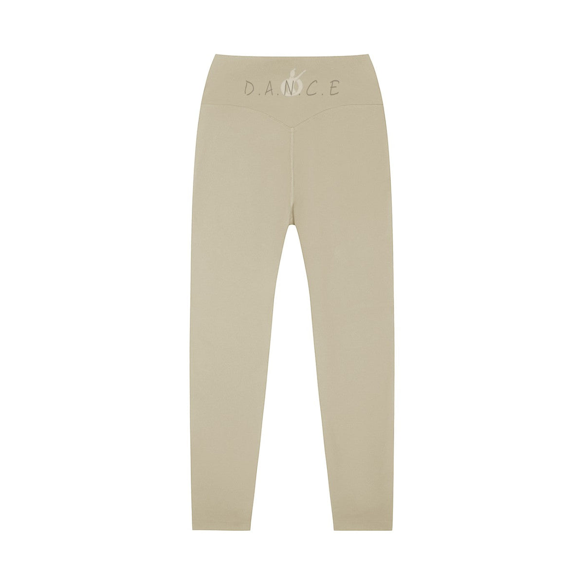 MONROE STORE high-waisted beige yoga leggings with a V-shaped waistband and subtle 'D.A.N.C.E.' logo.