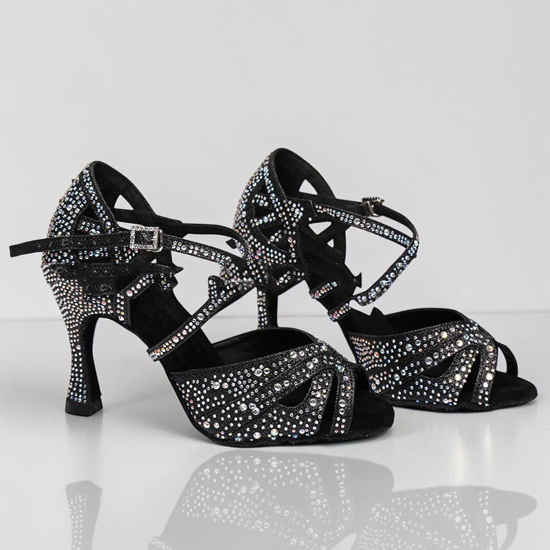 MONROE STORE black ballroom dance heels with crystal embellishments, strappy design, and secure ankle buckle.