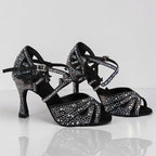 MONROE STORE black ballroom dance heels with crystal embellishments, strappy design, and secure ankle buckle.