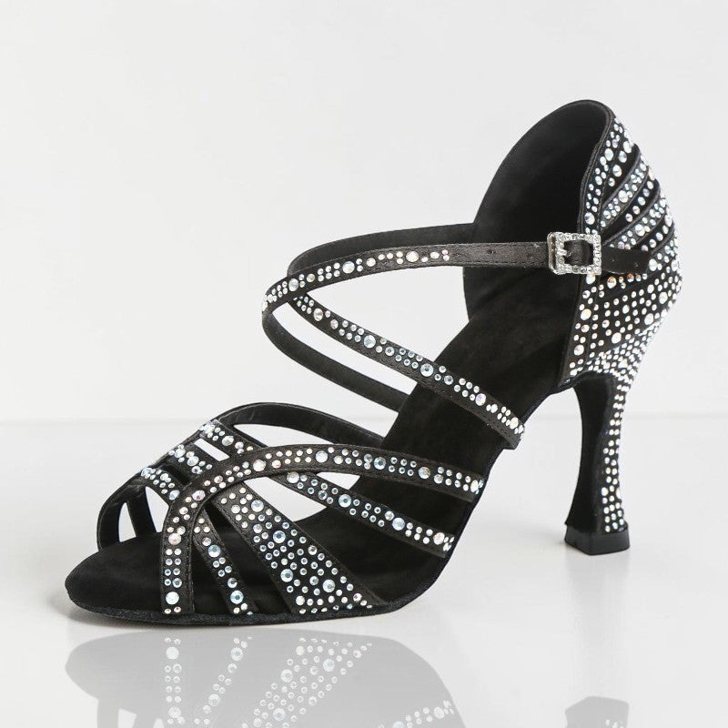 MONROE STORE black strappy ballroom dance heels featuring shimmering crystal embellishments and a secure ankle strap.