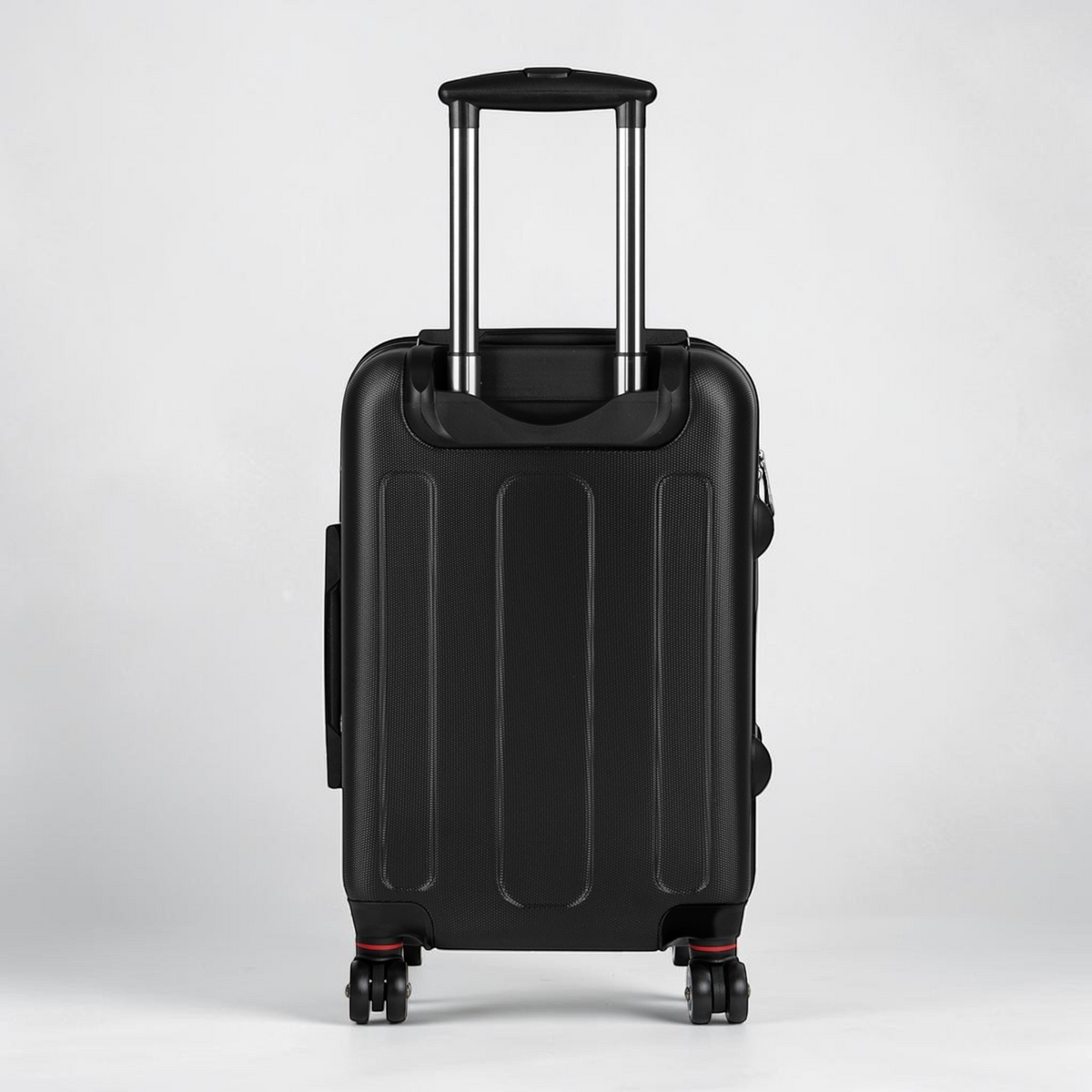 Mango telescópico de maleta de viaje negra con ruedas, resistente y ajustable para facilitar el transporte, estilo moderno y funcional.