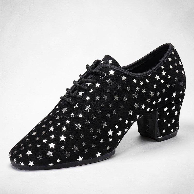MONROE STORE black suede Latin dance shoes with silver starry sky pattern, lace-up closure, and comfortable block heel.