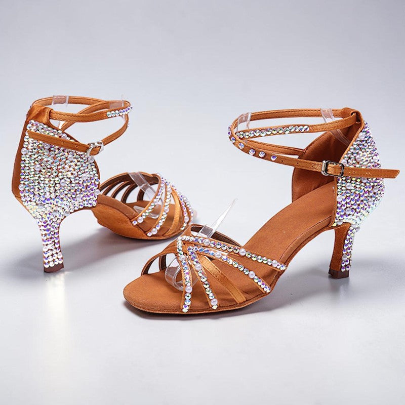 MONROE STORE brown satin Latin dance shoes with rhinestone embellishments, ankle buckle strap, and high heels.