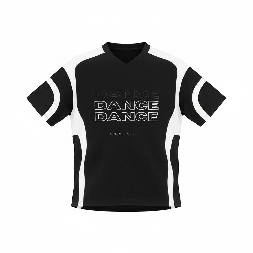 Camiseta unisex MONROE STORE de algodón con cuello en V, diseño color block en blanco y negro y estampado DANCE.