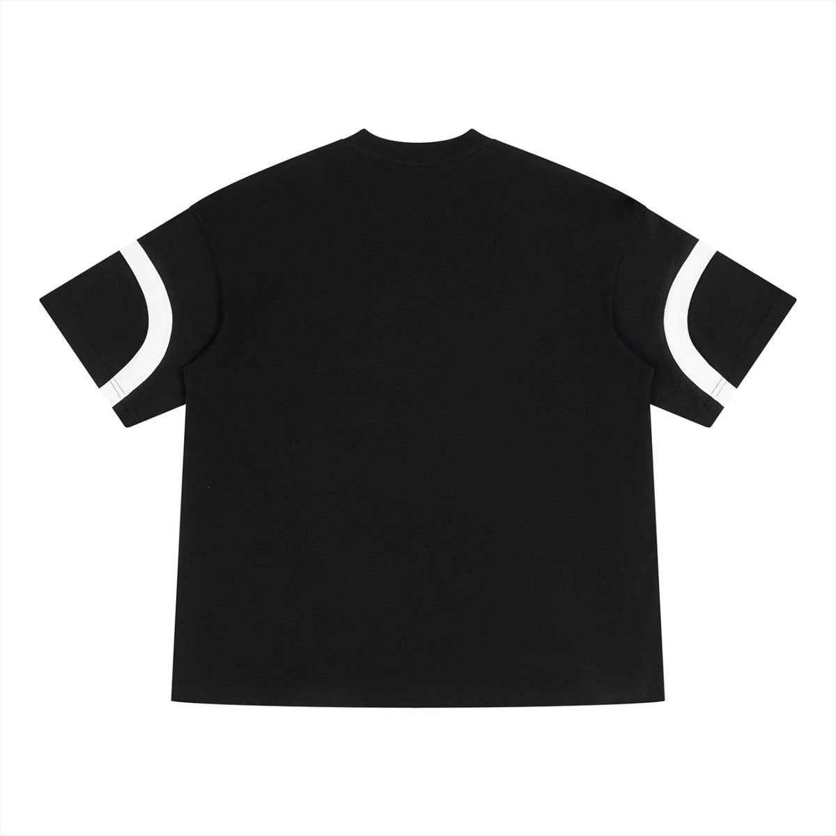 Camiseta unisex MONROE STORE de algodón negro con diseño color block y detalles en blanco en las mangas cortas