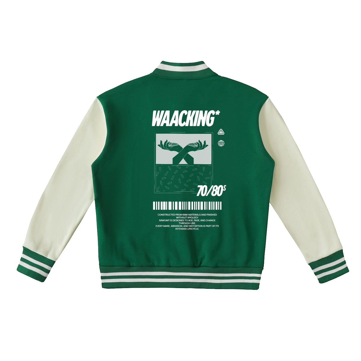 Chaqueta varsity MONROE STORE verde y crema con estampado gráfico en la espalda y cuello de punto a rayas