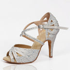 MONROE STORE crystal-embellished strappy ballroom dance heels with a secure ankle strap and flexible suede sole.