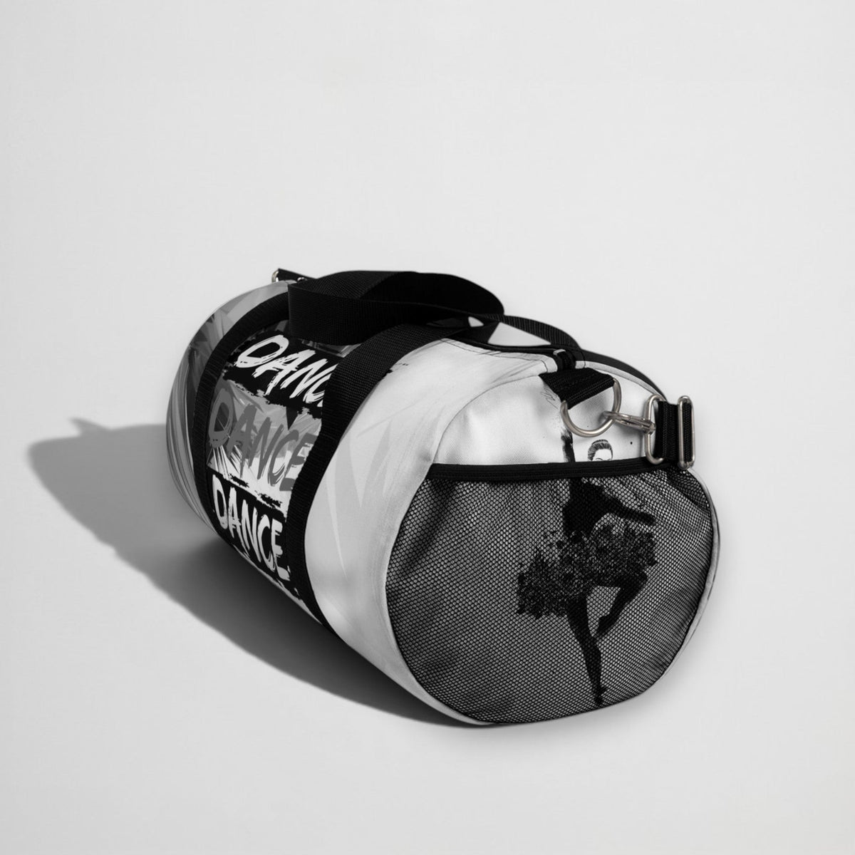 MONROE STORE duffel bag with 'DANCE' print and ballerina silhouette on mesh pocket. Black and white.