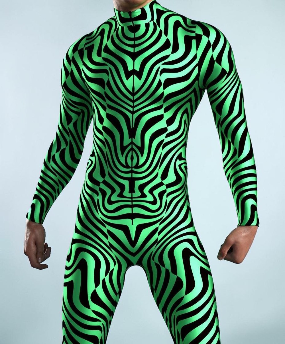 Disfraz de cuerpo completo MONROE STORE con estampado digital 3D de rayas verdes y negras en tejido elástico de spandex