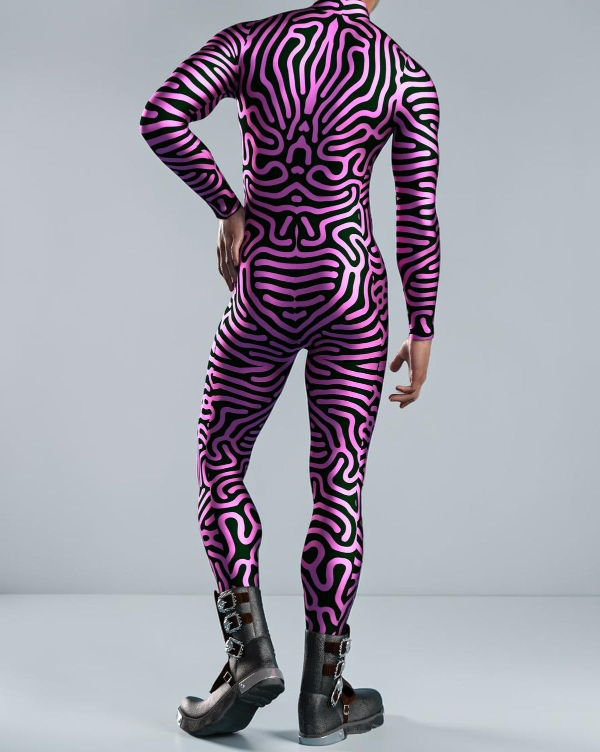MONROE STORE disfraz de cuerpo completo con estampado digital 3D en rosa y negro, estilo ajustado de spandex