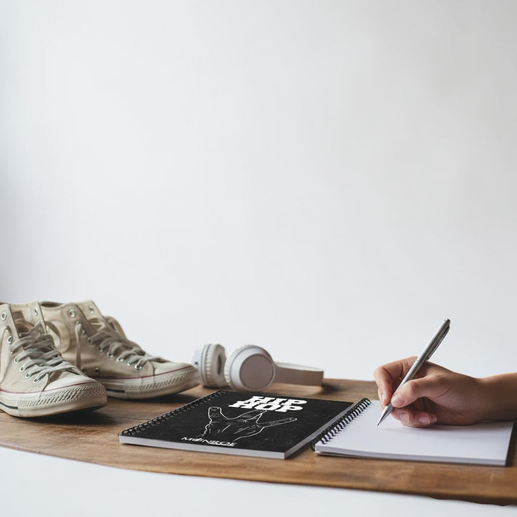 MONROE STORE black spiral notebook with Hip Hop graphic on a wooden desk with sneakers and headphones
