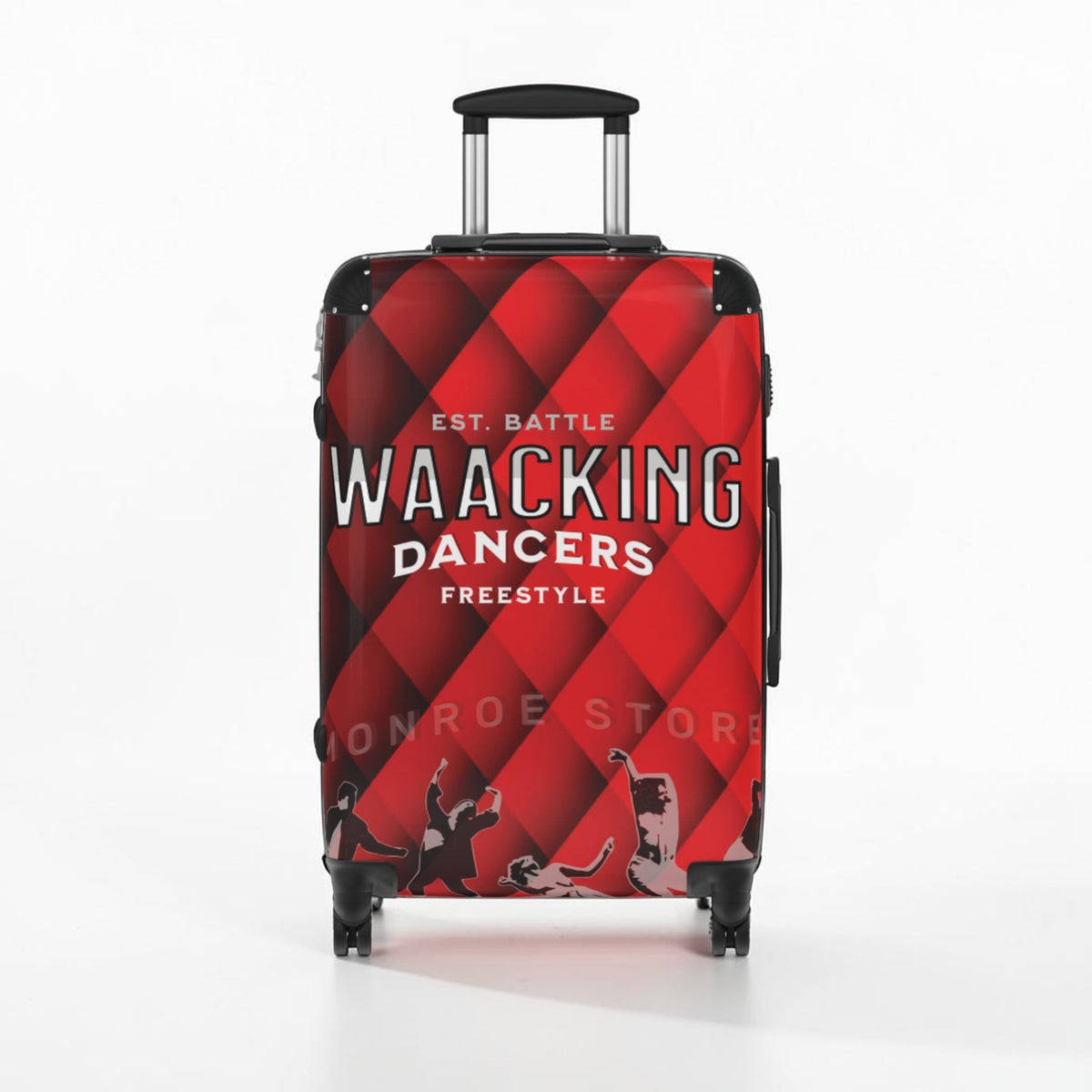 Maleta de cabina roja MONROE STORE con estampado de bailarines de Waacking y rombos. Rígida, con ruedas 360° y asa telescópica.