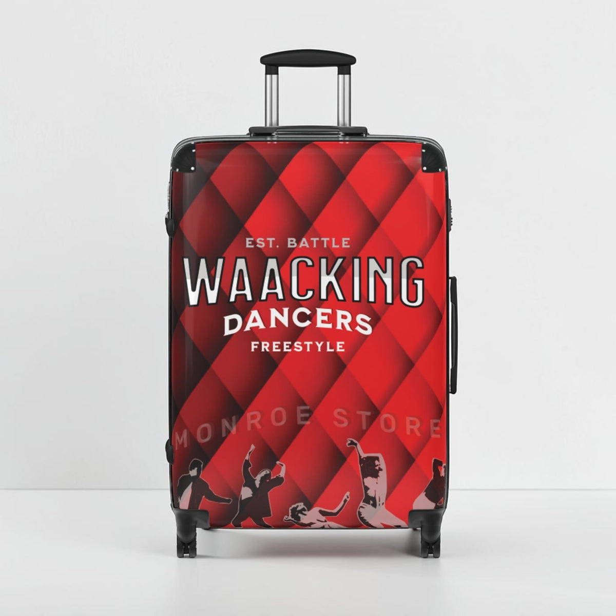Maleta de cabina MONROE STORE roja con estampado de bailarines de waacking y patrón de rombos. Rígida, con ruedas 360°.
