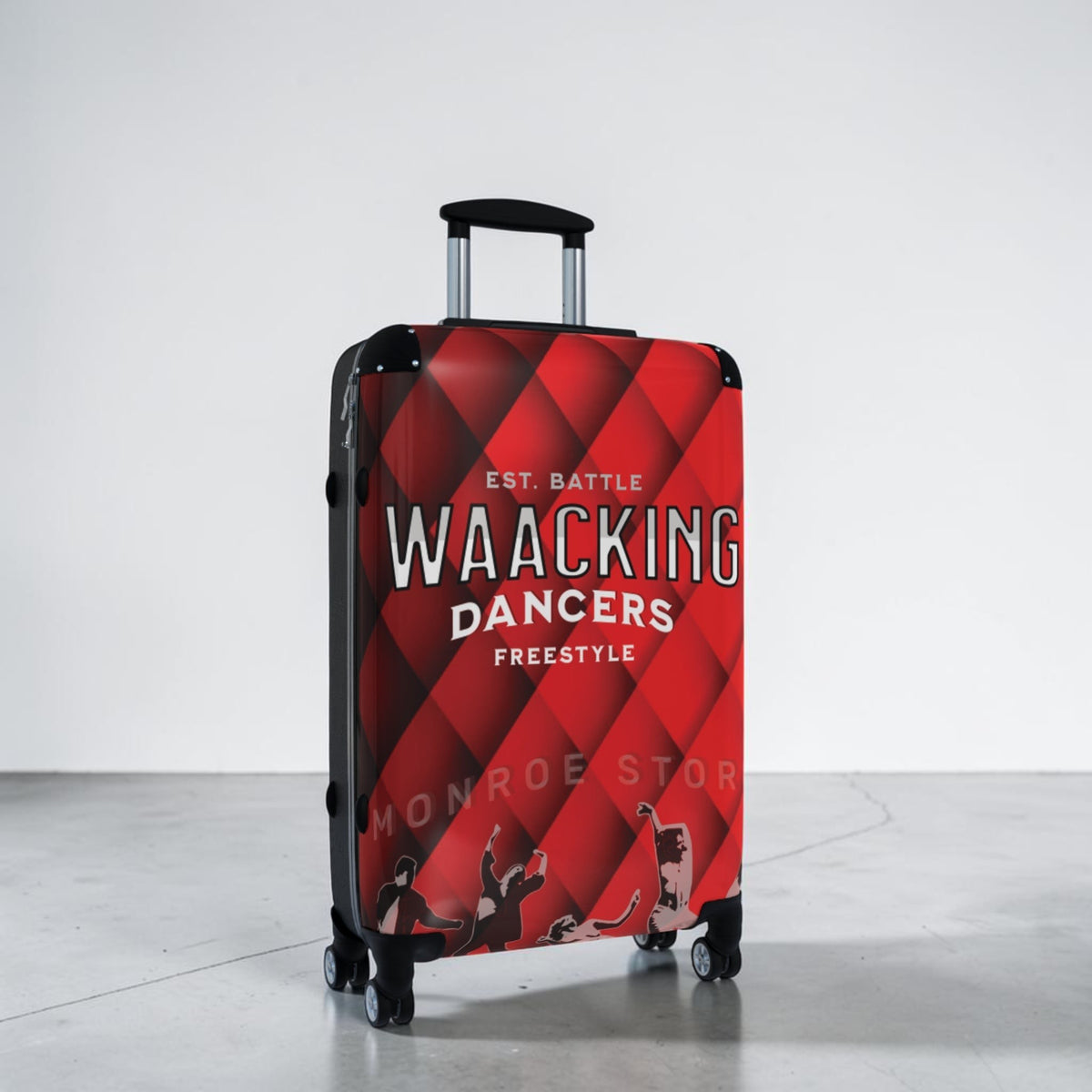 Maleta de cabina MONROE STORE roja con estampado de bailarines de waacking, ideal para viajes y danza.