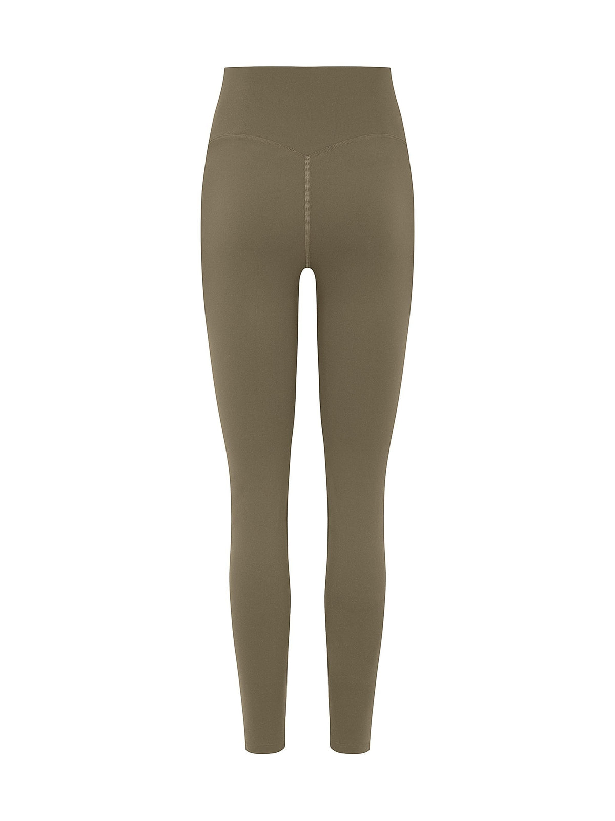 MONROE STORE high-waisted olive green yoga leggings with a V-shaped seam at the back.