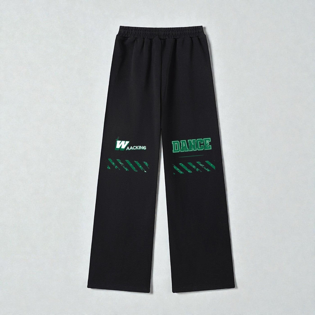 MONROE STORE pantalones de chándal negros de pierna ancha con estampado "WAAcking DANCE" en verde, cintura elástica y cordón.