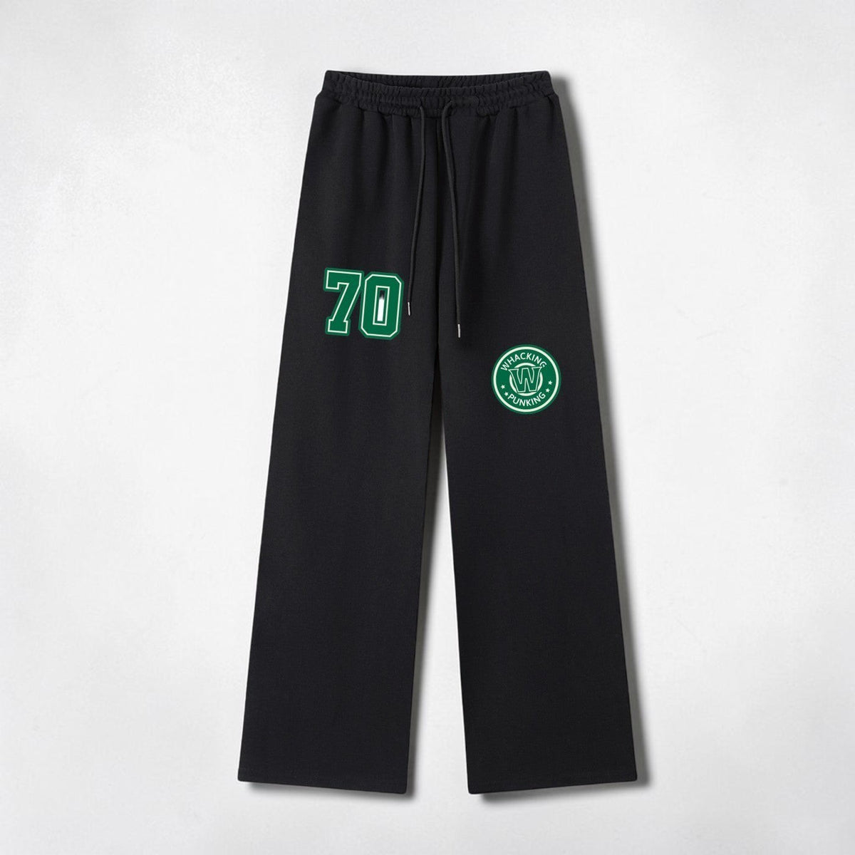 MONROE STORE pantalones de chándal negros de pierna ancha con cordón, cintura elástica y estampado "70" y logo circular.