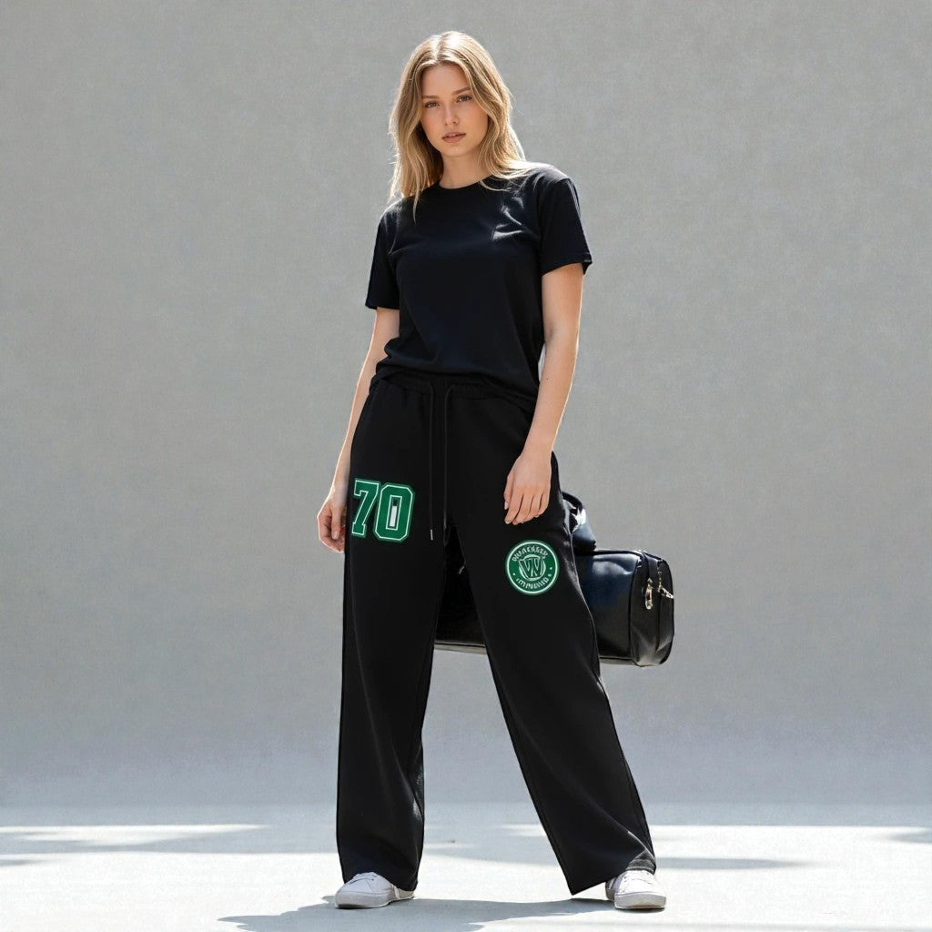 MONROE STORE pantalones de chándal negros de pierna ancha para mujer, 80% algodón, con cordón y estampado "70" verde.