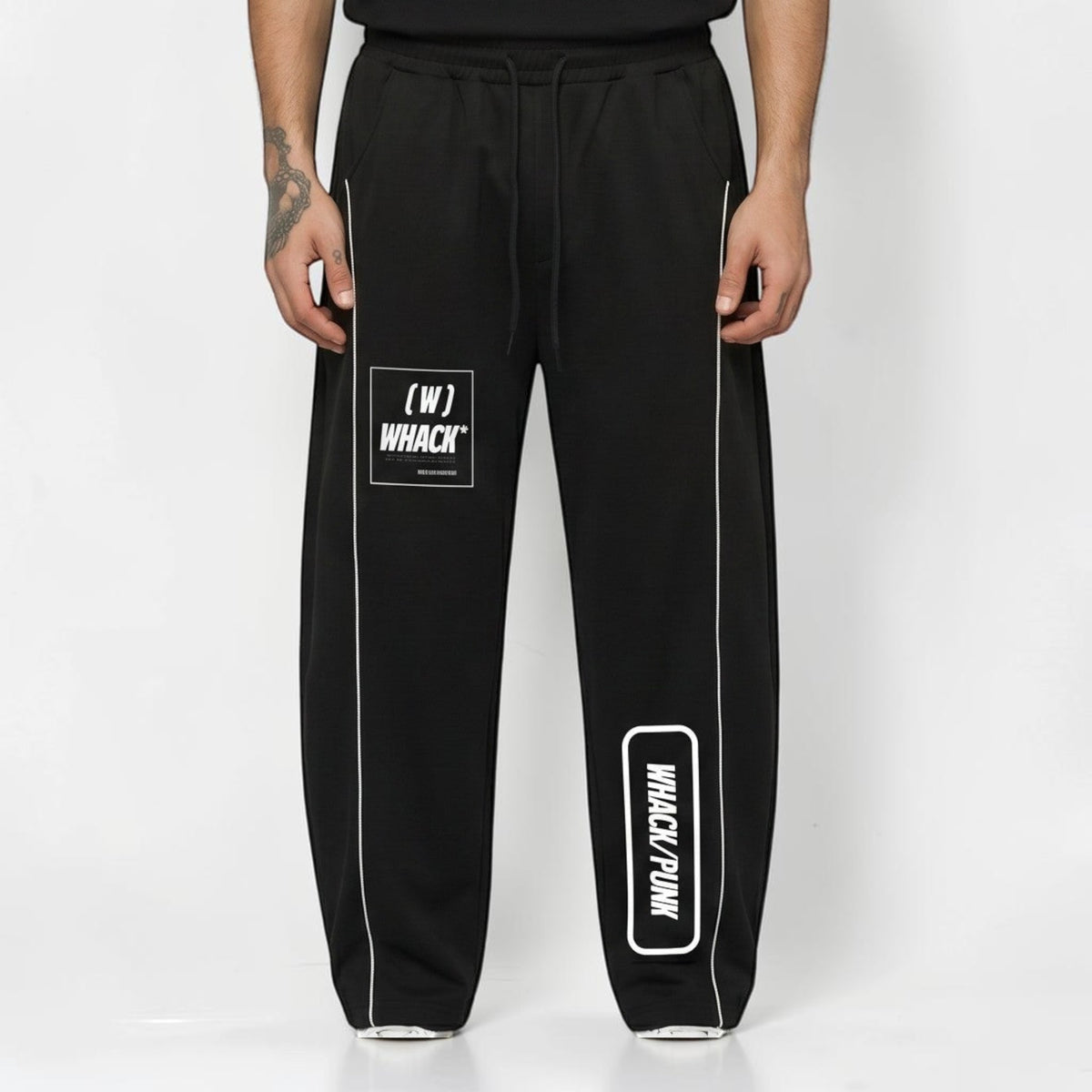 MONROE STORE pantalones de chándal negros unisex de pierna de barril, 80% algodón, 20% poliéster, con cordón y bolsillos.