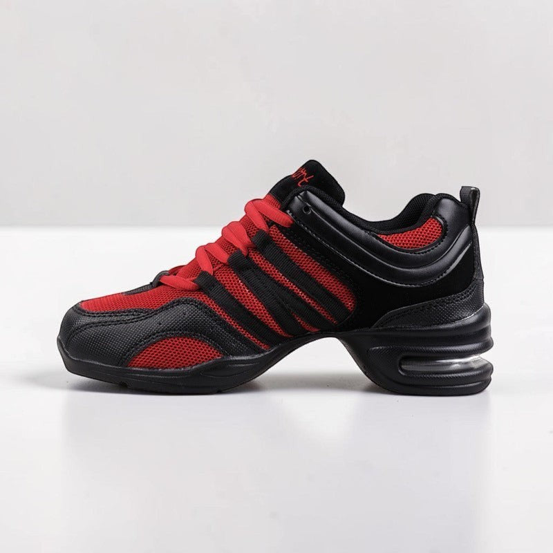 MONROE STORE red and black mesh square dance shoes with PU soles and cushioned heels for flexible movement
