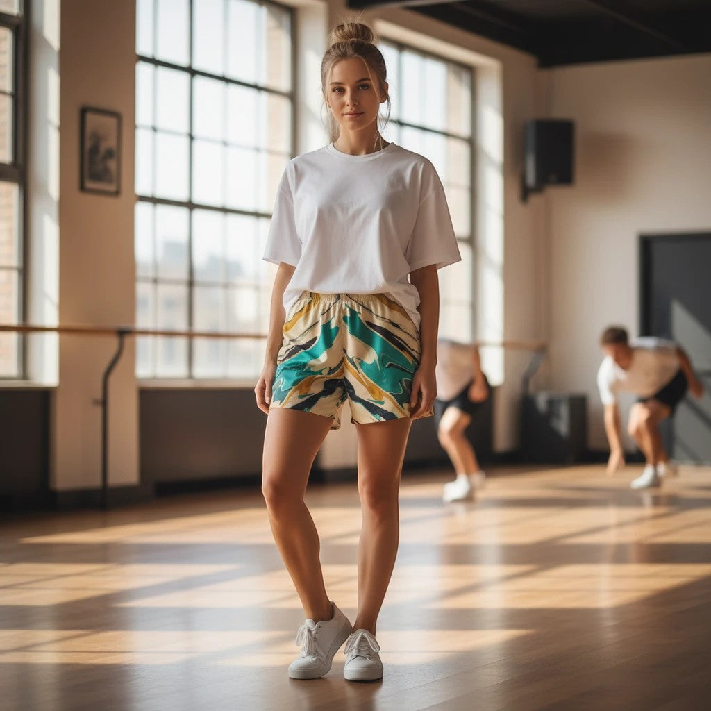 Mujer vistiendo shorts de playa MONROE STORE con estampado de olas, camiseta blanca y zapatillas en un estudio