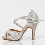 MONROE STORE silver crystal-embellished strappy ballroom dance heels with a secure ankle strap and cushioned footbed.