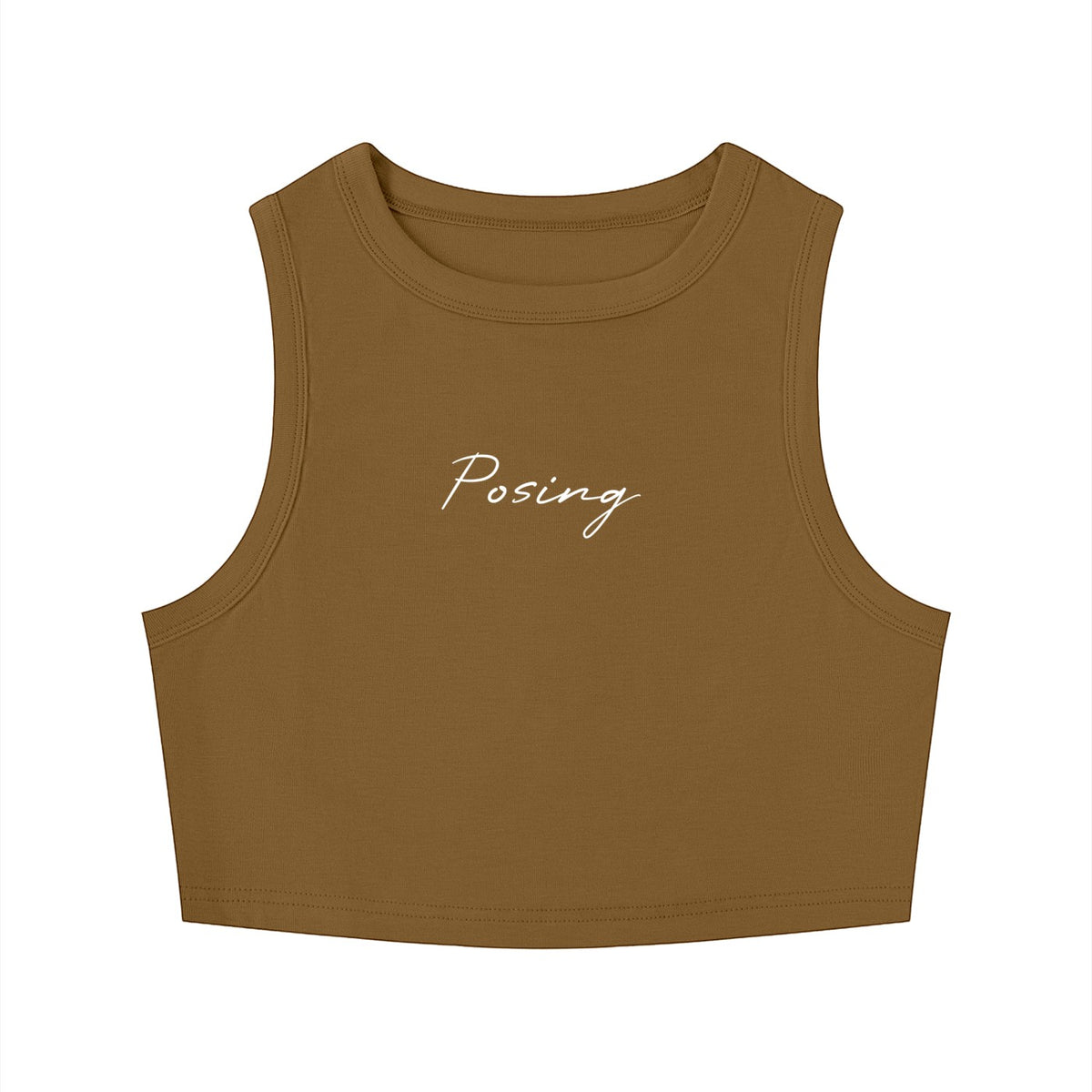 Top corto MONROE STORE color marrón con cuello redondo y texto Posing en blanco, estilo ajustado de rayón y spandex