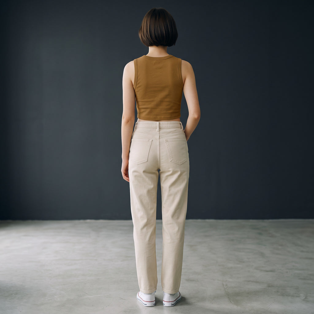 Mujer de espaldas vistiendo top corto marrón de cuello redondo MONROE STORE con pantalones beige