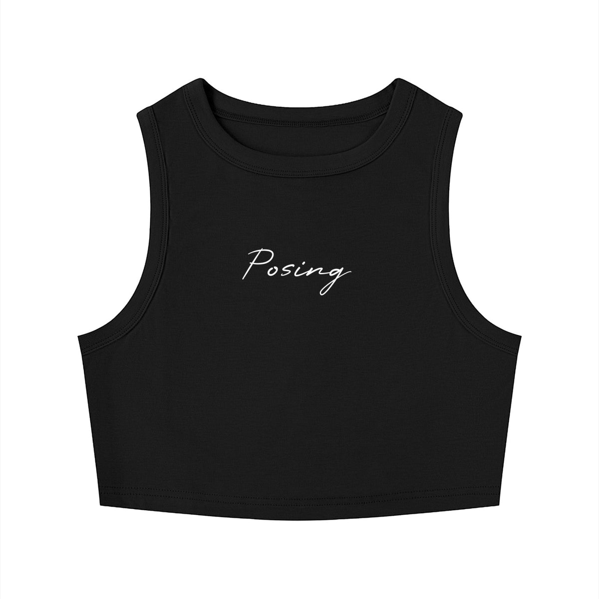 Top corto sin mangas MONROE STORE negro con cuello redondo y estampado Posing en el pecho, estilo casual ajustado