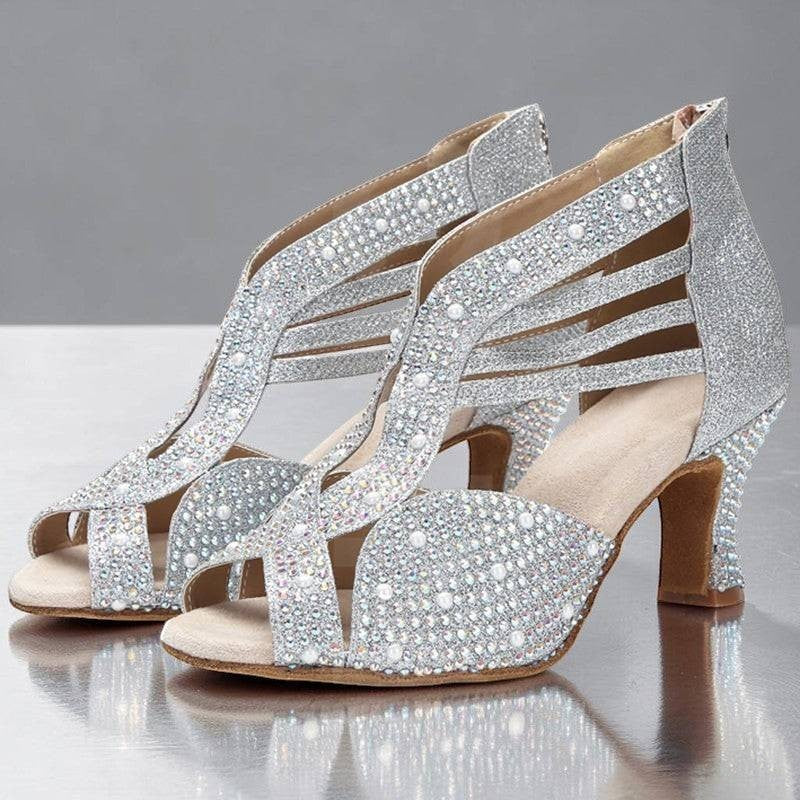 Zapatos de baile MONROE STORE para mujer en plateado con incrustaciones de diamantes y suela de ante para danza latina.